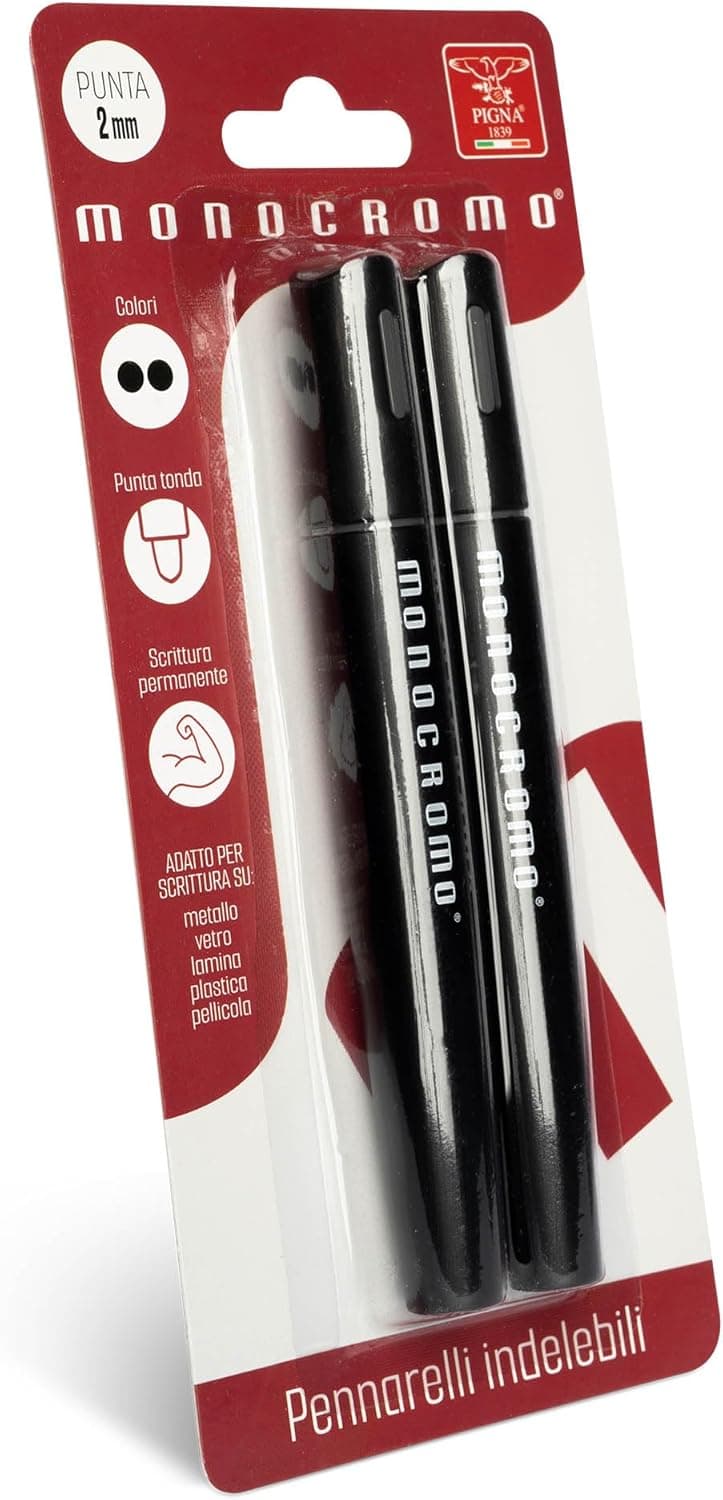 Pigna Monochrome Line | Marcadores indeléveis com ponta de 2 mm para metal, vidro e plástico, embalagem com 2 unidades, tinta preta