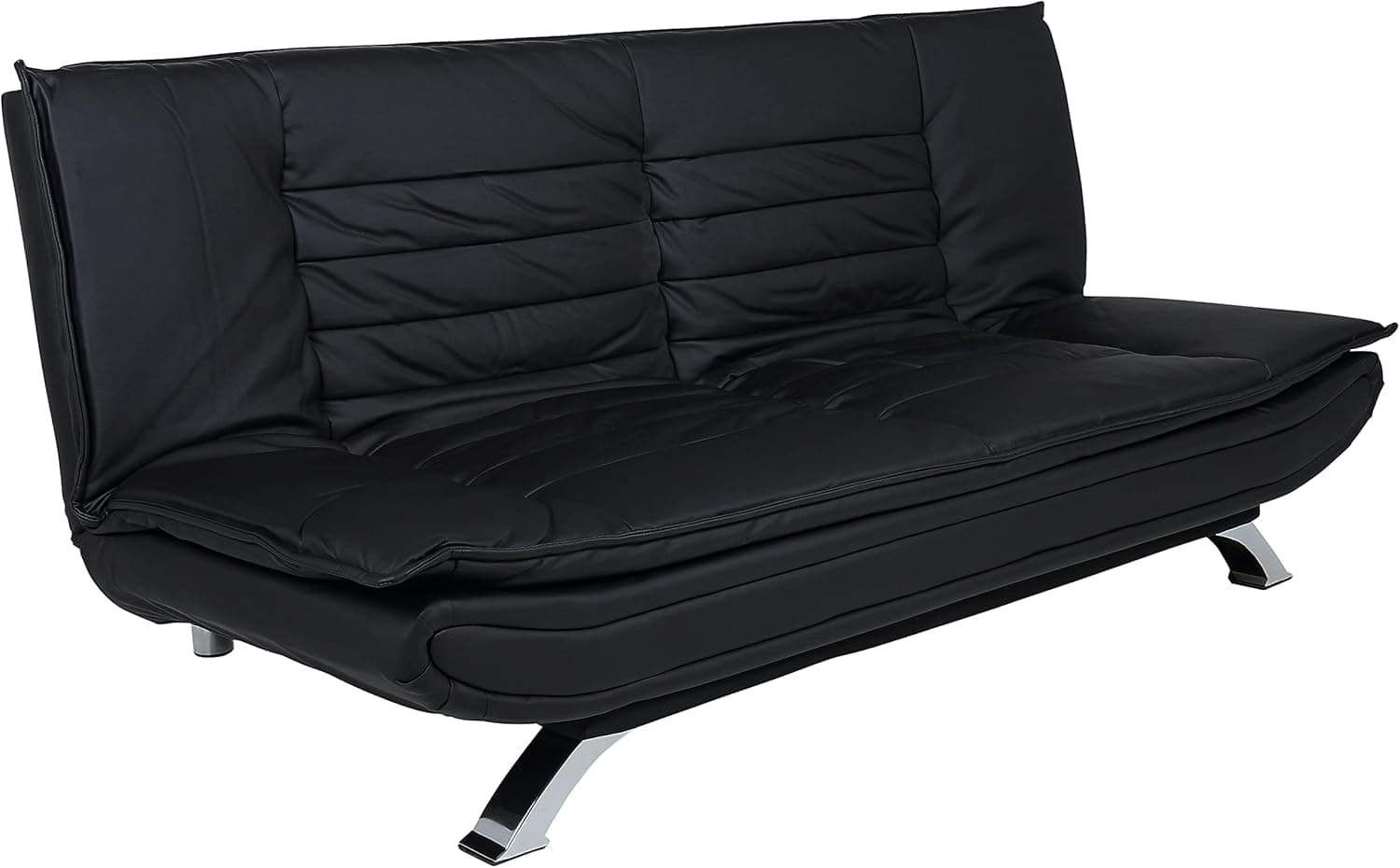 AC Design Furniture Jasper Sofá cama preta pele sintética, com 3 posições reclináveis, moderno de 3 lugares sem apoios de braços, estofada com pernas cromadas, L: 196 x A: 91 x P: 98 cm