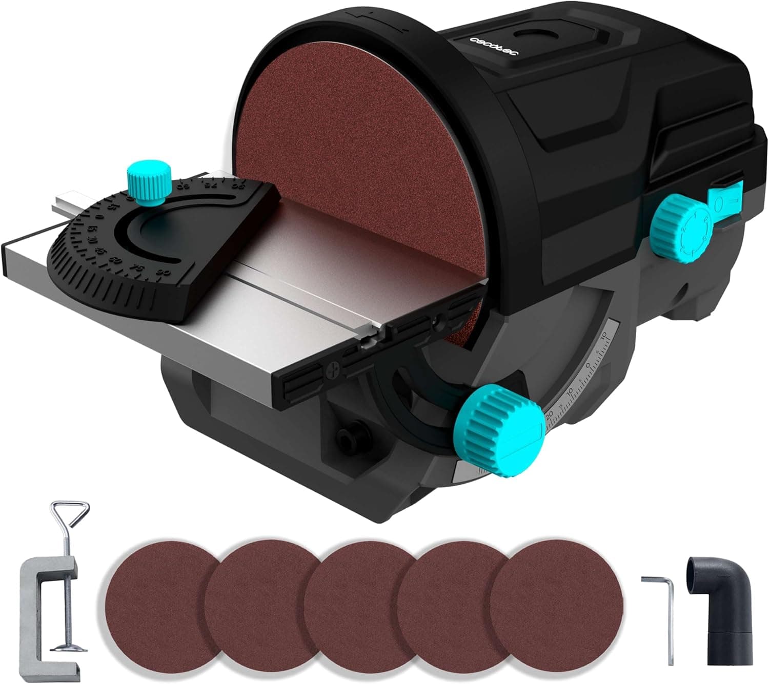 Cecotec Lixadeira elétrica de disco de mesa PerfectSurface 1000 Stand Disc. 140W, 5 peças de papel de lixa de 125 mm, banco de lixo, adaptador removível, suporte para fixação em mesa