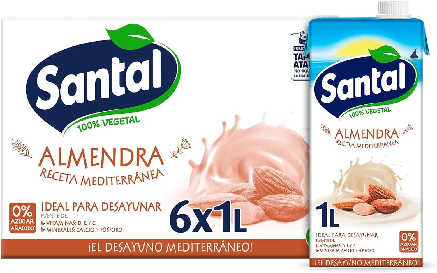 Bebida vegetal Santal amêndoa sem adição de açúcar brik 1 l, caixa de 6 litros