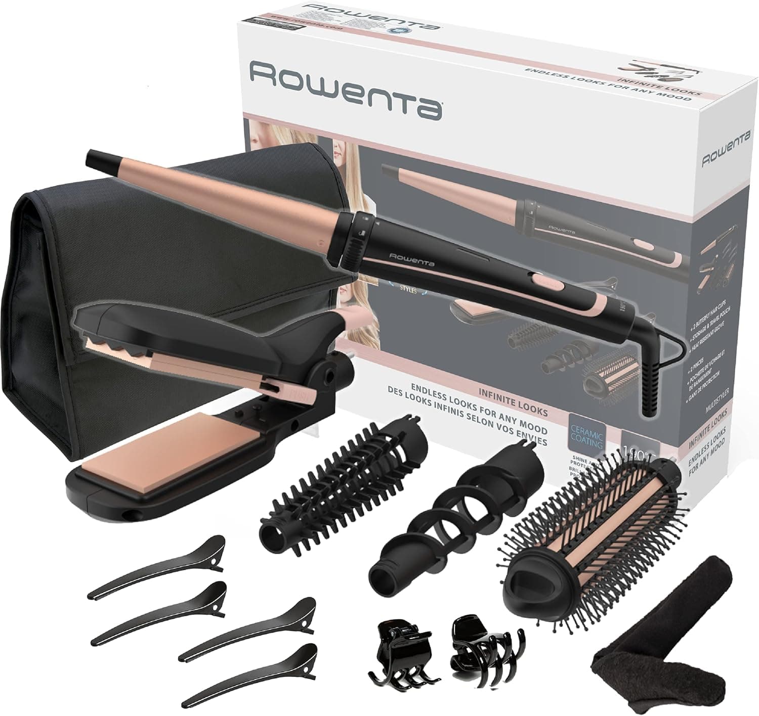Rowenta Multistyler Infinitos Looks 14 em 1 CF4231 alisador e modelador de cabelo, tenacilas, modelador, escova de cabelo quente, revestimento cerâmico, 190 °C, ponta fria