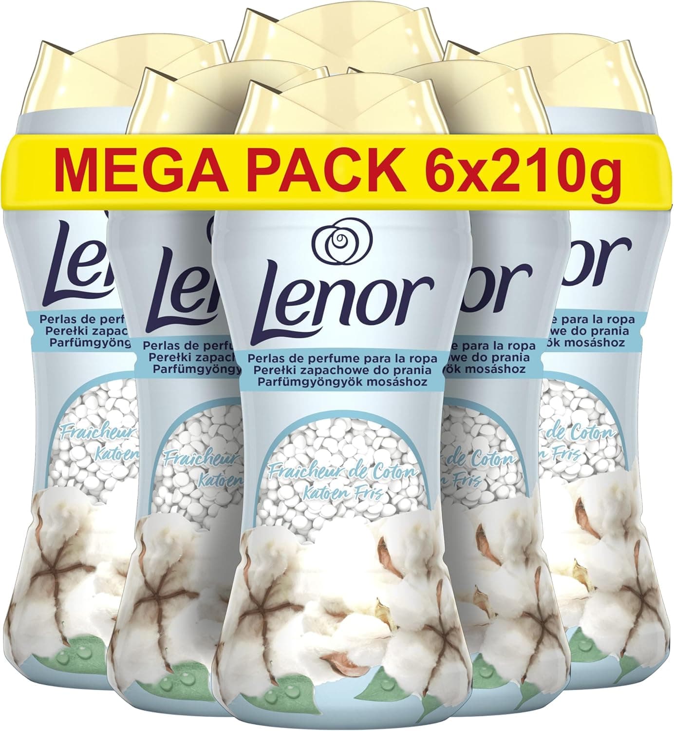 Lenor Pérolas de máquina de lavar perfumadas, 93 lavagens (6 x 210 g), pérolas suaves para roupa com fragrância de algodão fresco, para uma frescura mais suave e duradoura