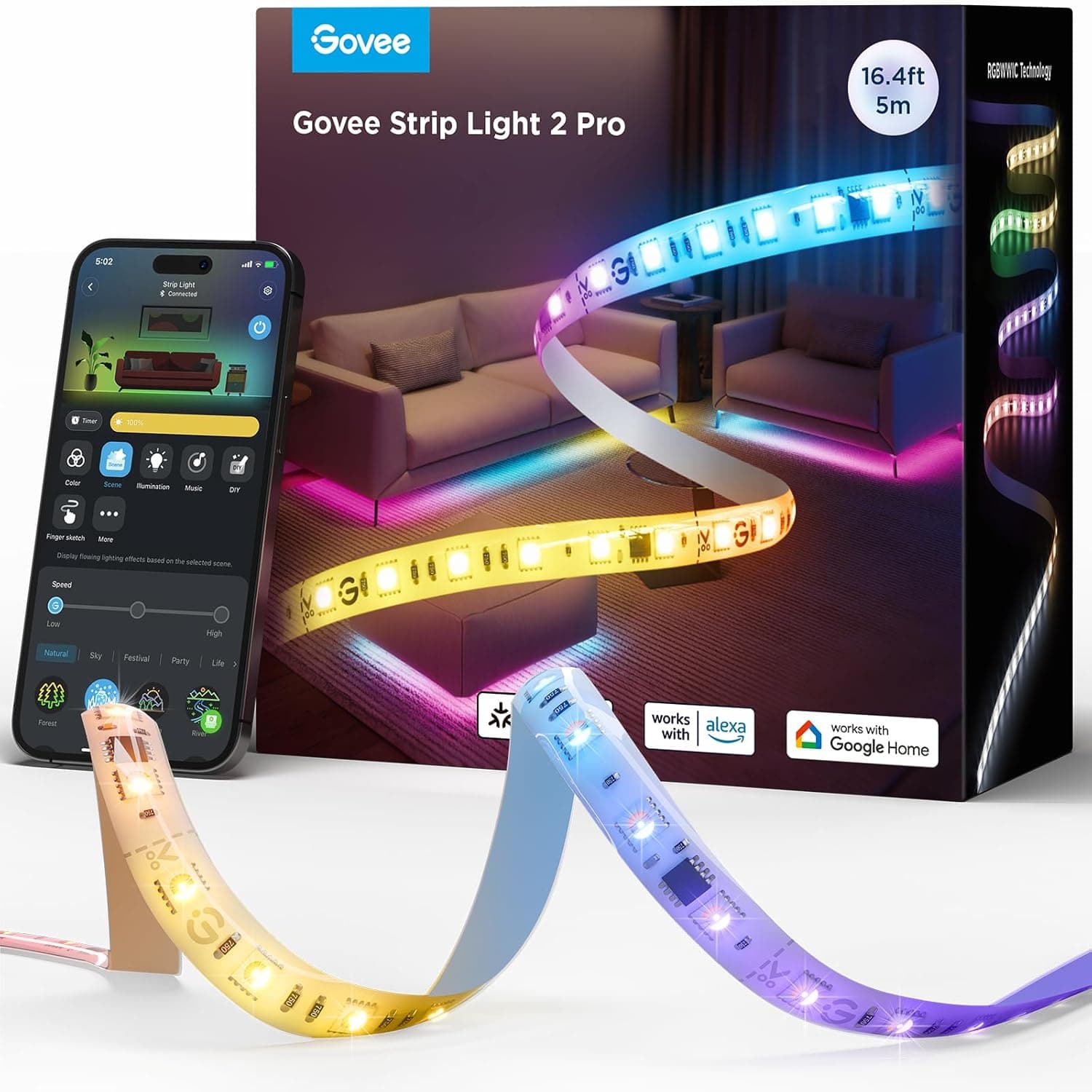 Govee RGBIC Faixa LED 2 Pro com Matter, 5 m luzes LED inteligentes com sincronização de música, controlo de aplicações, mudança de cor, funciona com Alexa e Google Assistente