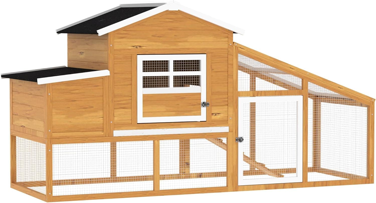 PawHut Galinheiro de madeira exterior gaiola para 2-4 galinhas com corrente de fio tetos asfálticos ninho bandeja removível e raampa 200 x 80 x 105 cm castanho