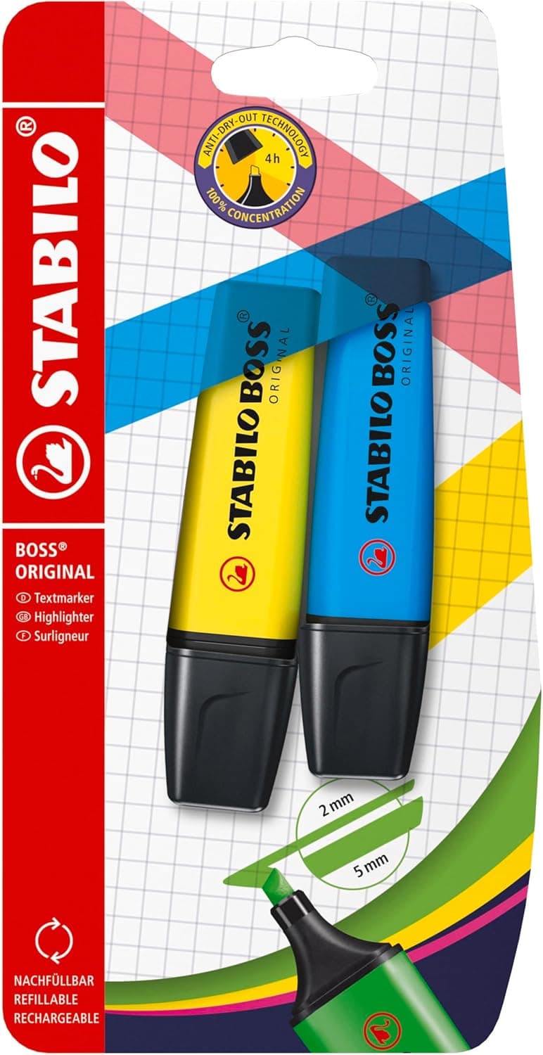 Marcador fluorescente STABILO BOSS ORIGINAL - pacote com 2 cores - amarelo e azul