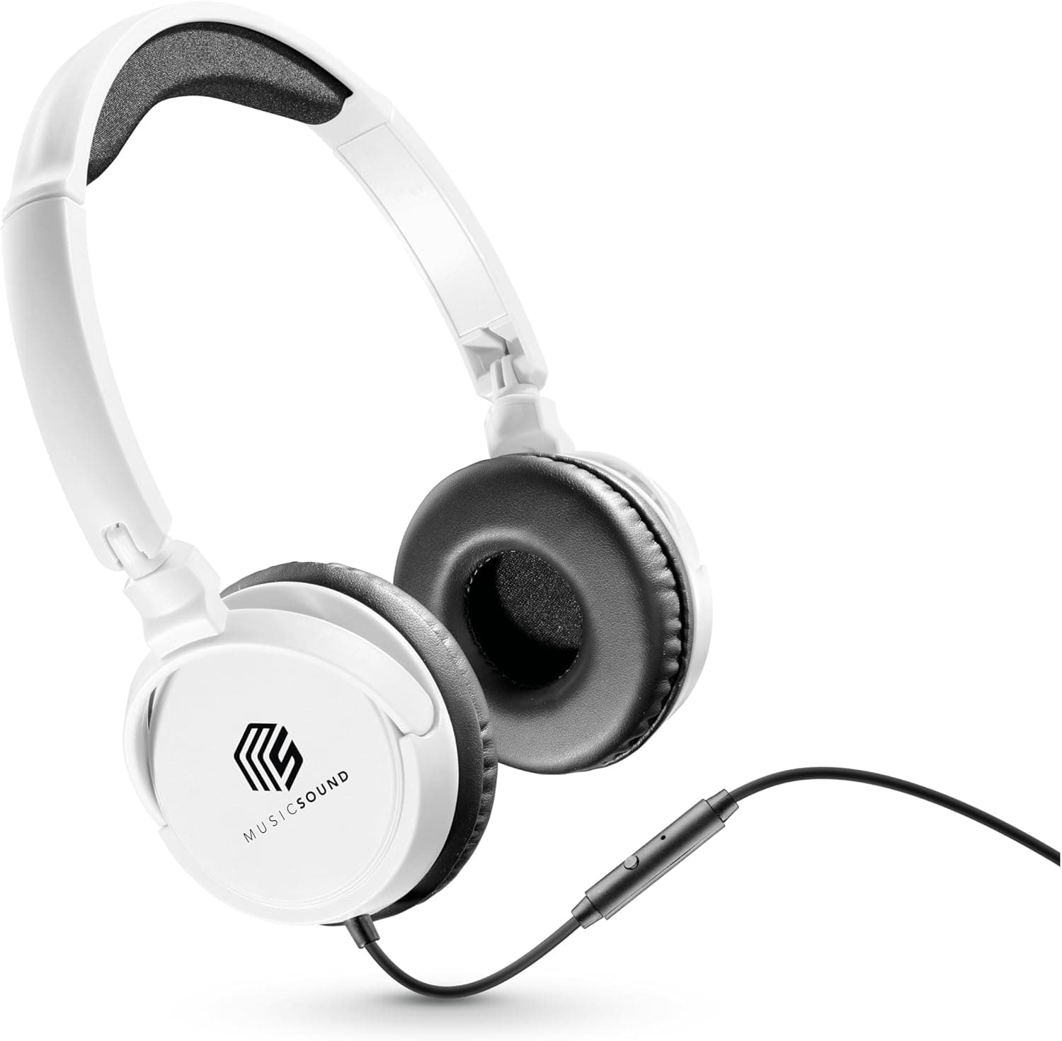 Music Sound | Headband com cabo básico | Auriculares auriculares estéreo super-aurais faixa de cabeça expansível, com jack de 3,5 mm e microfone - dobrável, branco