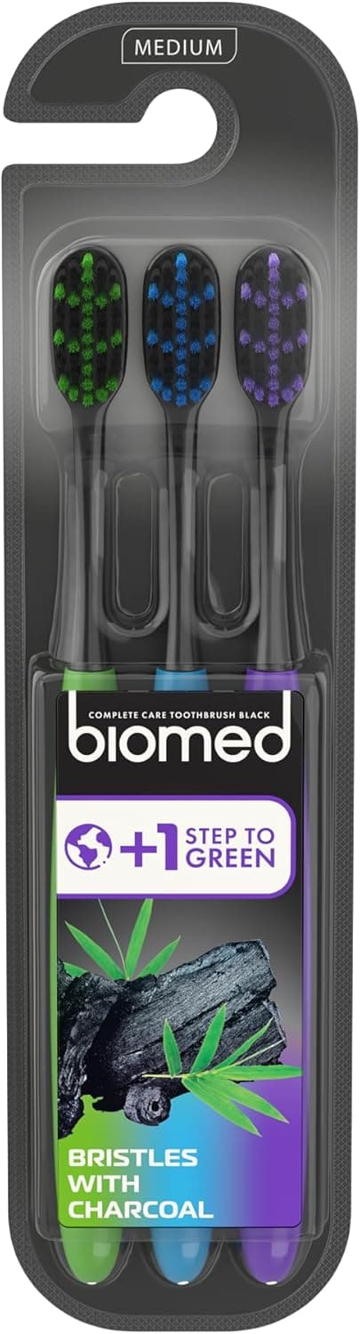 BIOMED Black Charcoal | Escovas de dentes manuais com carvão ativado e cerdas médias, pack de 3