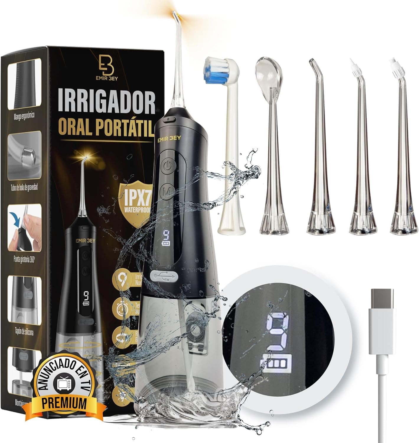 EMIR BEY® Irrigador bucal portátil: 9 modos, 350 ml, ecrã UVC Light recarregável, IPX7 impermeável, 4 boquilhas irrigador dental sem fios profissional para limpeza de dentes, viagens, USB-C
