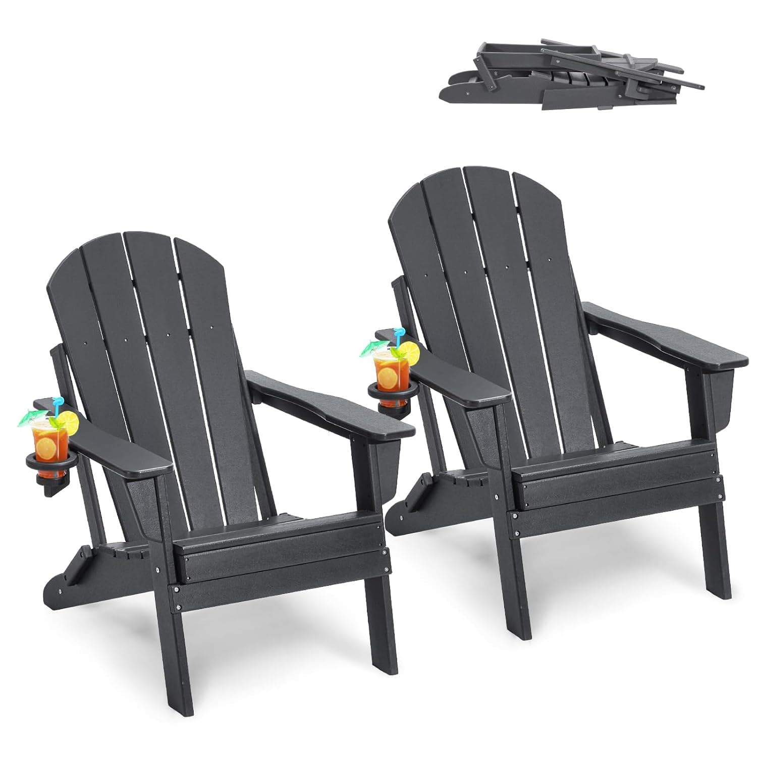 VEVOR 2 conjuntos de cadeiras Adirondack de plástico dobráveis e portáteis de 800 x 755 x 915 mm para exteriores, com porta-copos, descanso de braços relaxante e ergonómico para jardim, pátio