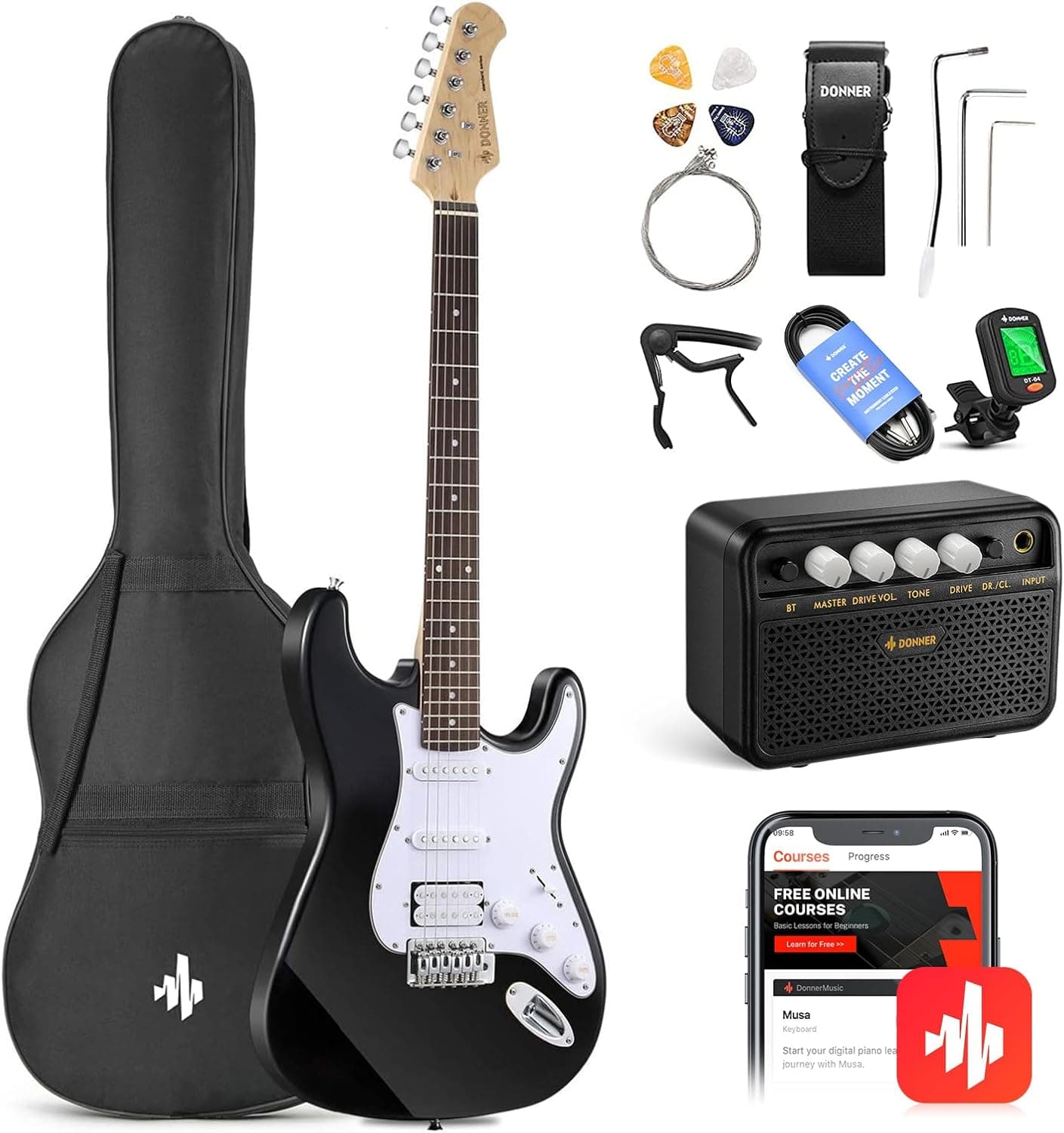 Donner Kit de guitarra elétrica Stratocaster de tamanho completo com amplificador, bolsa, cappo, correia, corda, sintonizador, cabo e palhetas (preto)