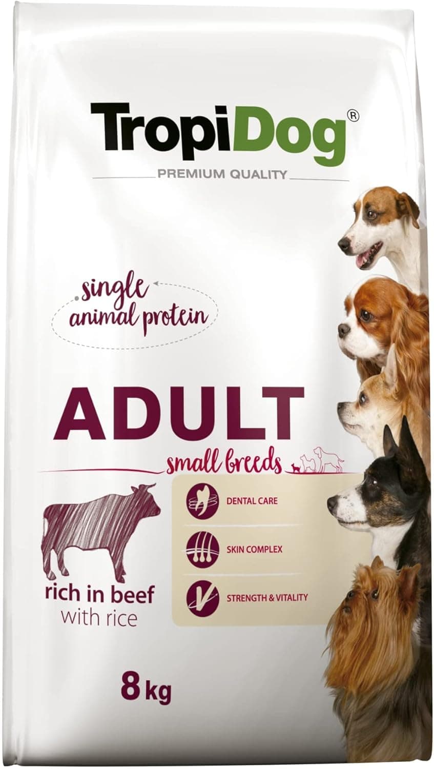 TropiDog Premium Adult Small Beef & Rice | Ração seca de vaca com arroz para cães adultos de raças pequenas 8 kg