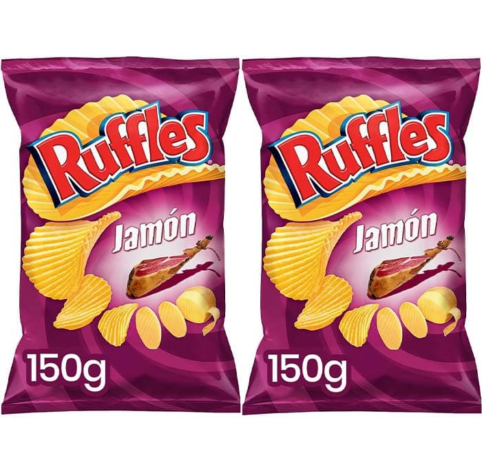 Ruffles Presunto, batatas fritas com sabor de presunto, produto de aperitivo, saco individual, 150 g x 2