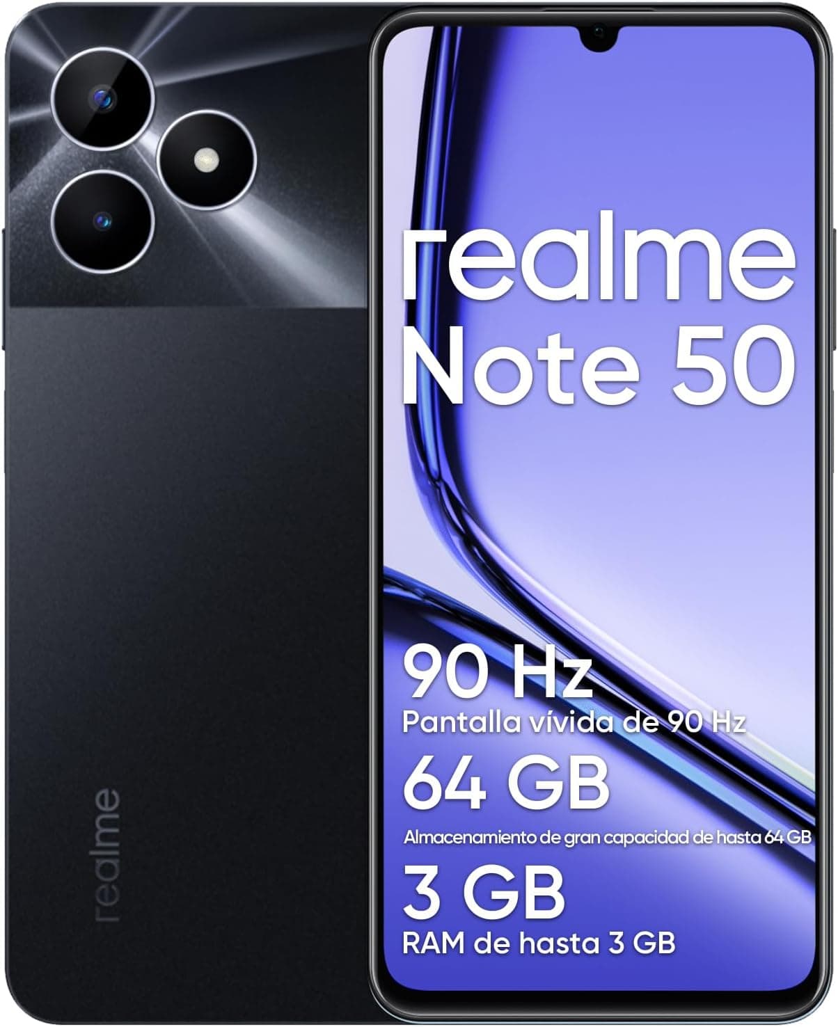realme Note 50 Smartphone, telemóvel 4G Dual SIM, 3 GB RAM 64 GB ROM, ecrã LCD 6,74", câmara AI 13 MP, corpo fino 7,99 mm, bateria de longa duração 5,000 mAh, preto (sem adaptador)