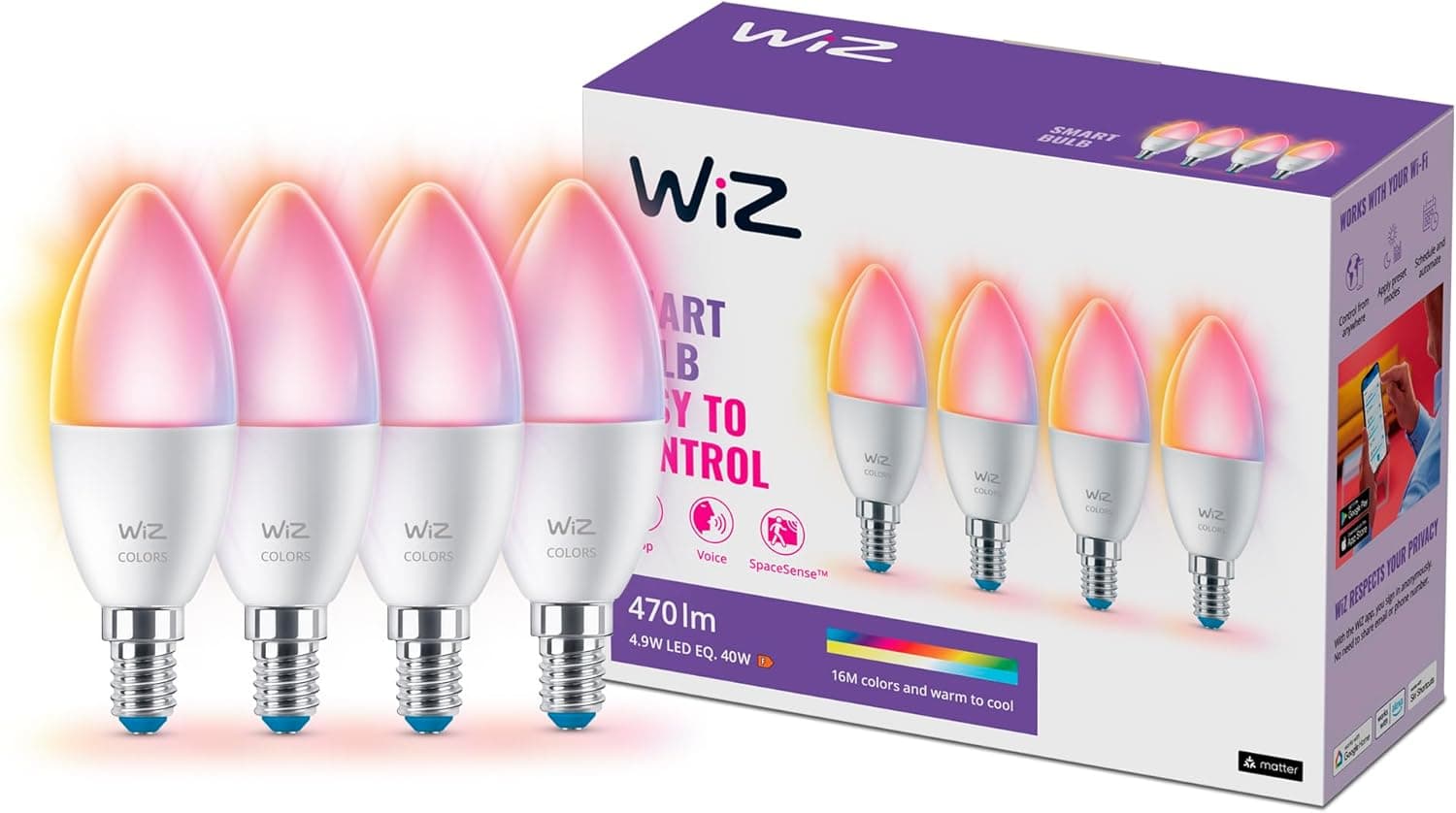 WiZ - Lâmpada LED inteligente, casquilho E14 tipo vela 4,9 W (Eq.40) 470 lúmen, luz branca e colorida, compatível com Alexa, Google Home, tecnologia SpaceSense e Matter - conjunto de 4