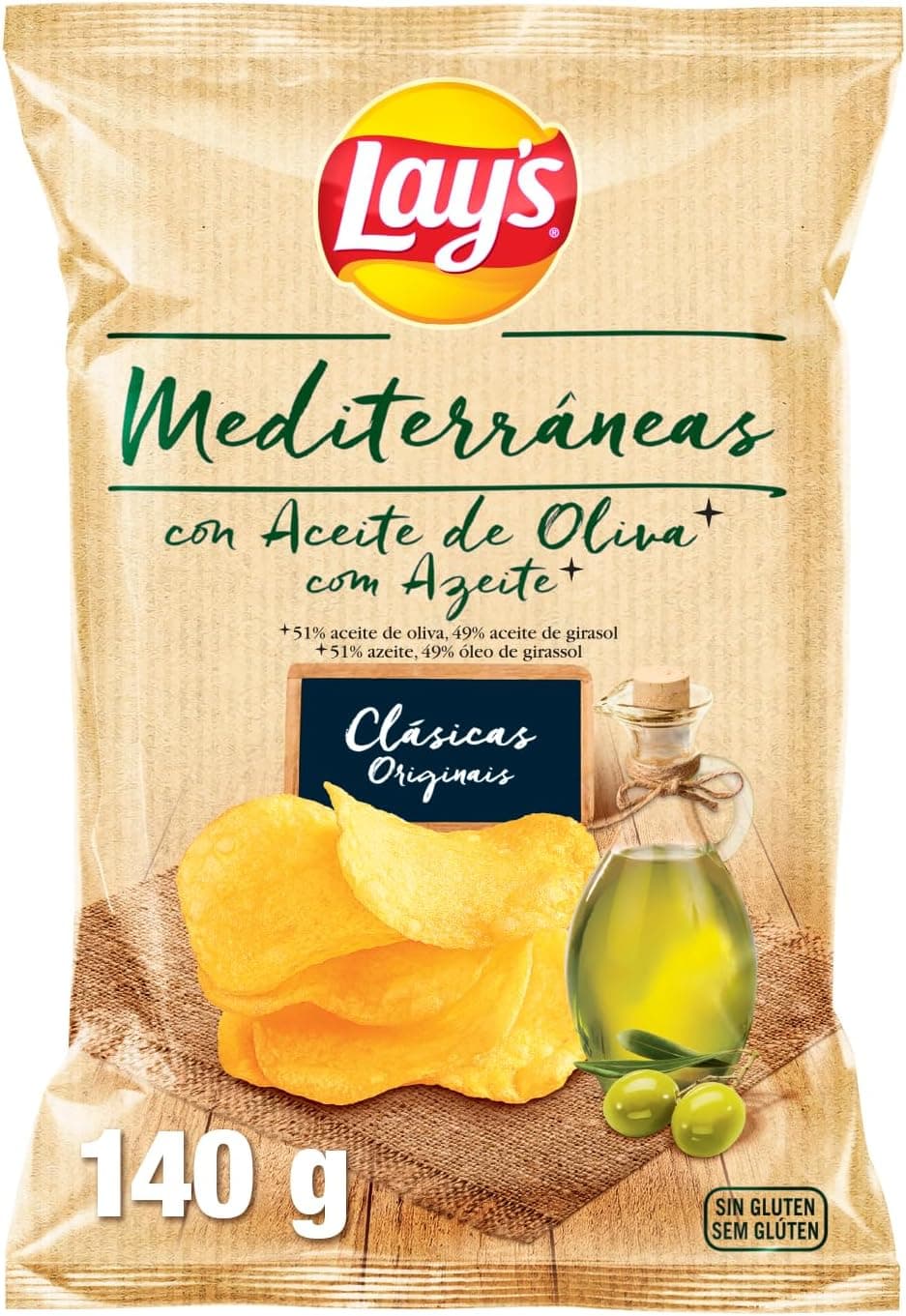 Lay's Mediterrâneas, batatas fritas com azeite, produto de aperitivo, saco individual, 140 g
