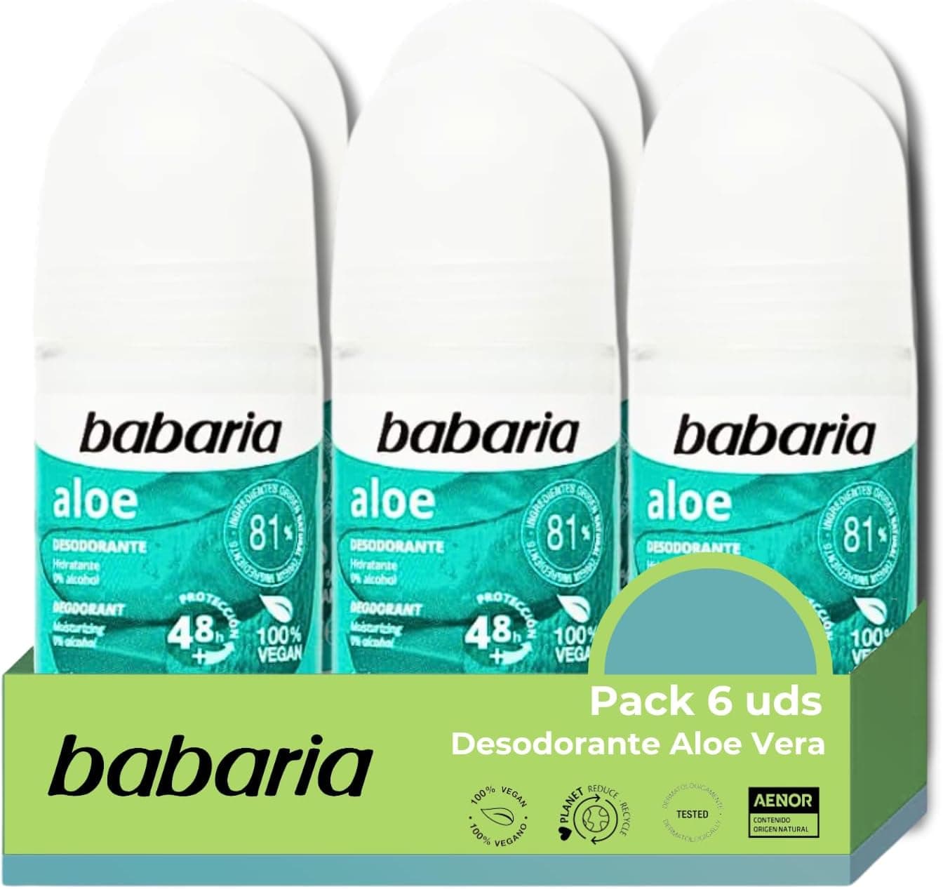 Babaria - Pacote 6 de desodorizante mulher e homem Roll On Aloe Vera | Desodorante para crianças e adultos | Desodorante Deos hidratante | proteção 48 h | 100% vegan