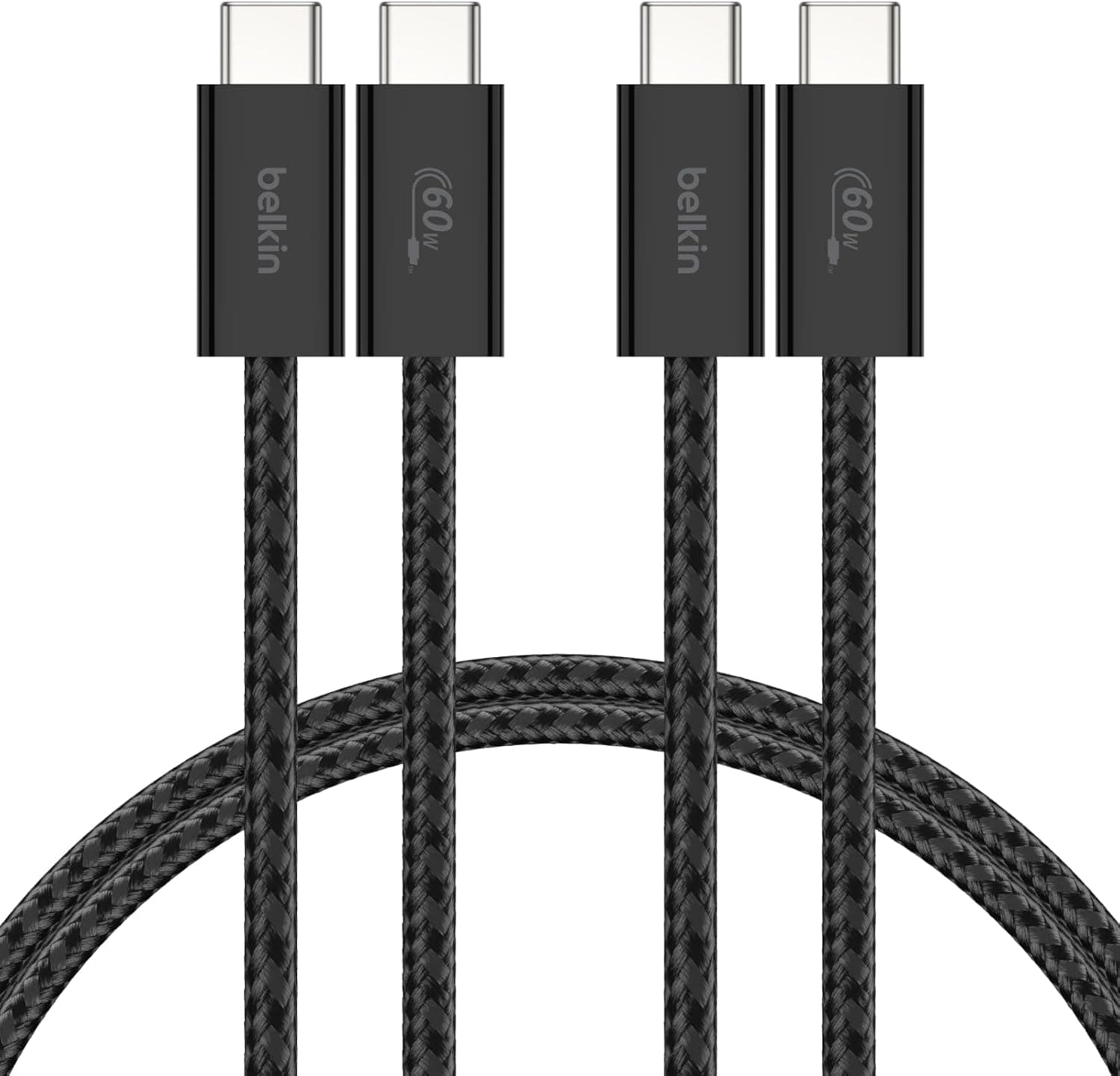Belkin Embalagem de 2 cabos trançados USB-C para USB-C de 1,5 m (60 W), carregamento rápido, cabos de alimentação macios e flexíveis USB tipo C para iPhone 16 e 15,Galaxy S25, Pixel 9, iPad Pro e
