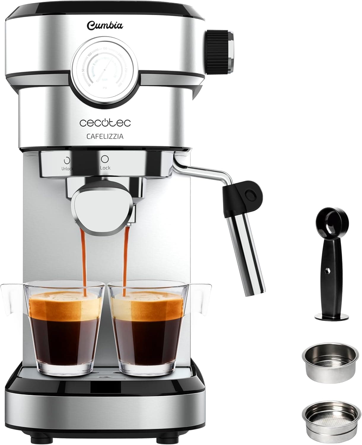 Cecotec Cafeteira para expresso e cappuccino Cafelizzia 790 Steel Pro Essential. 1350 W, manométrico, sistema Thermoblock, 20 bares, modo automático para 1 - 2 cafés, vaporizador orientável, 1,1 l