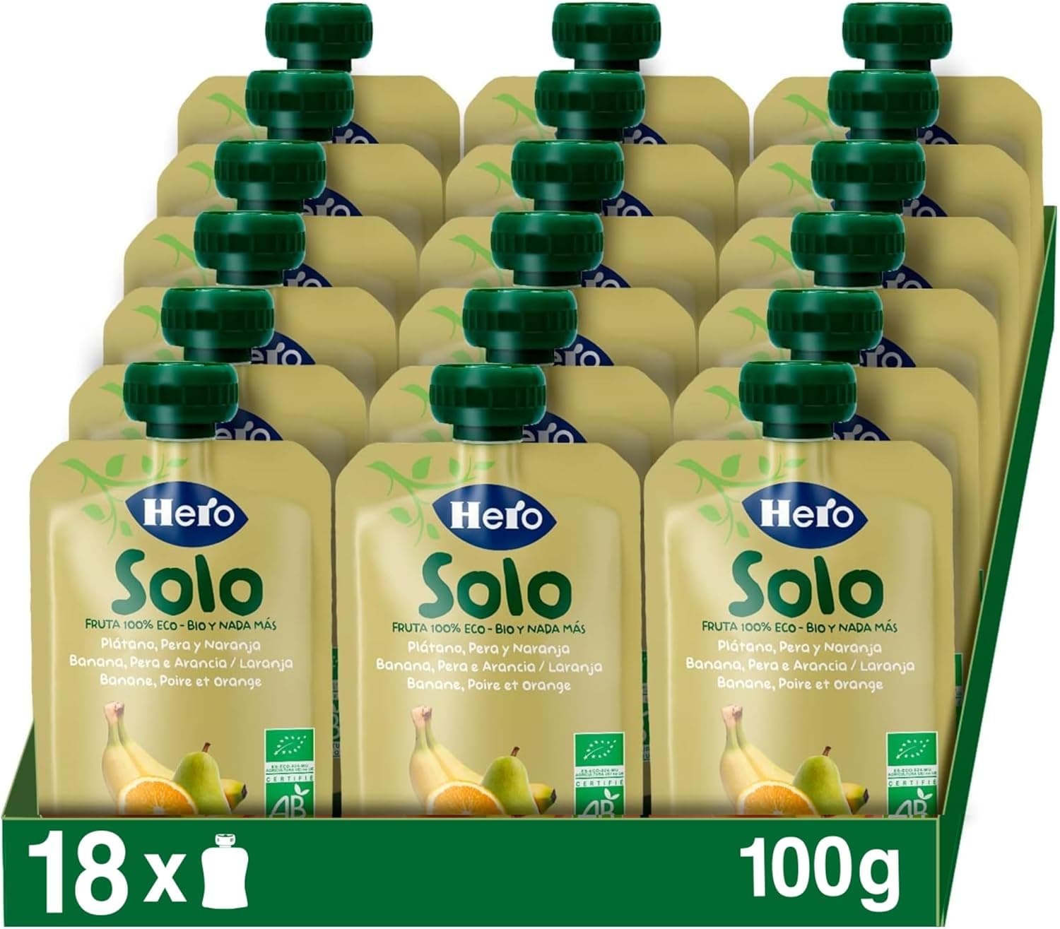 Hero Solo - Sacos ecológicos de frutas com banana, pêra e laranja, sem conservantes, aditivos, óleo de palma, glúten ou açúcares adicionados, a partir dos 4 meses, embalagem de 18 x 100 g