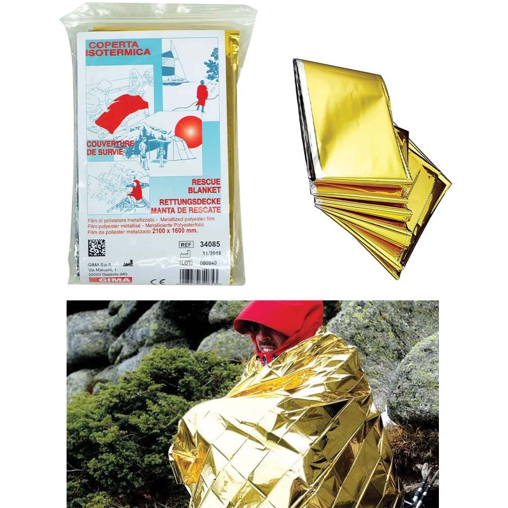Gima - Manta de emergência, adequada para proteger tanto do frio como do calor, o interior prateado retém o calor corporal, o exterior dourado reflete os raios do sol, 34085