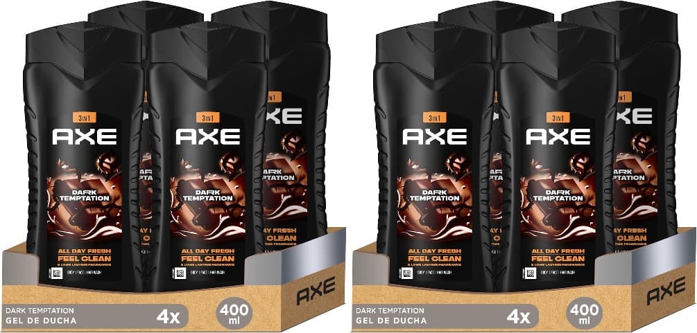 Axe Gel de duche e champô para homem escuro tentação 3 em 1 400 ml, conjunto de 4 x2