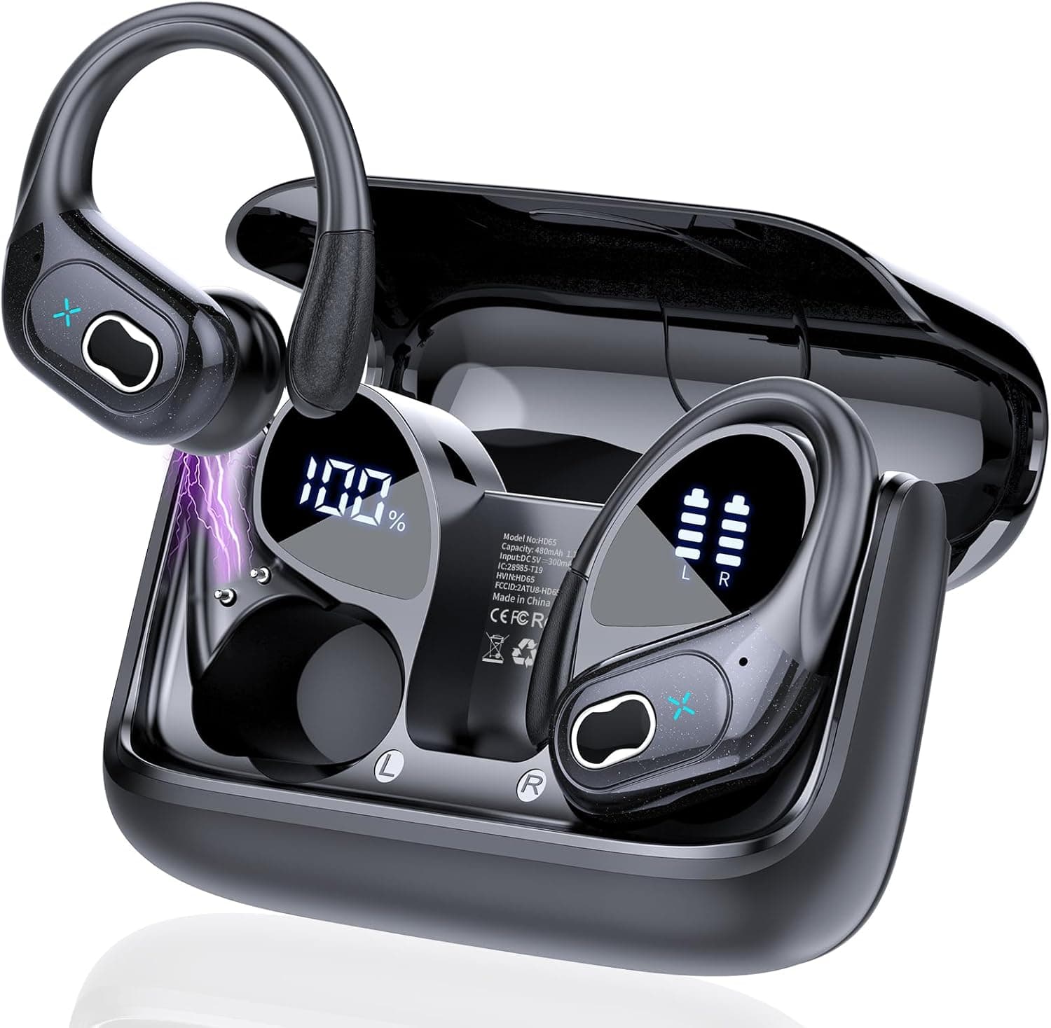 STECEi Auriculares sem fios desportivos, auriculares Bluetooth 5.4 com microfone HD, 75H de reprodução com cancelamento de ruído ENC, IPX7 impermeável capacetes sem fios Running com ecrã LED