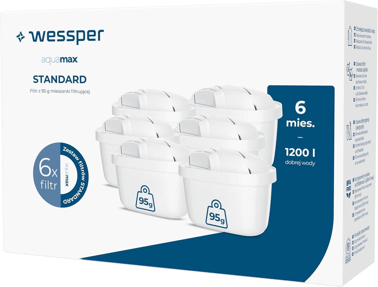 Filtro de água para Brita Maxtra Plus, 6 embalagens Maxtra cartuchos Amazon Brita, filtro de água com carvão ativo e resina permutador de lona, compatível com jarro de água Brita Marella