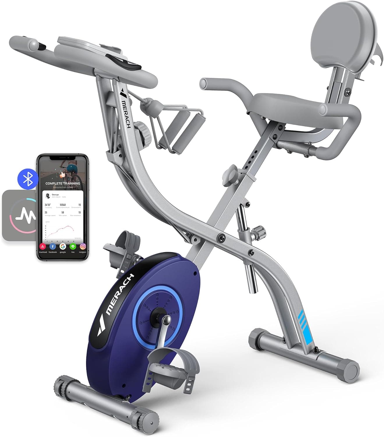 MERACH Bicicleta estática dobrável 4 em 1, bicicleta Spinning com monitor LCD e medição manual de pulso, bicicletas de fitness magnéticas com almofada de assento confortável, para casa, economia de