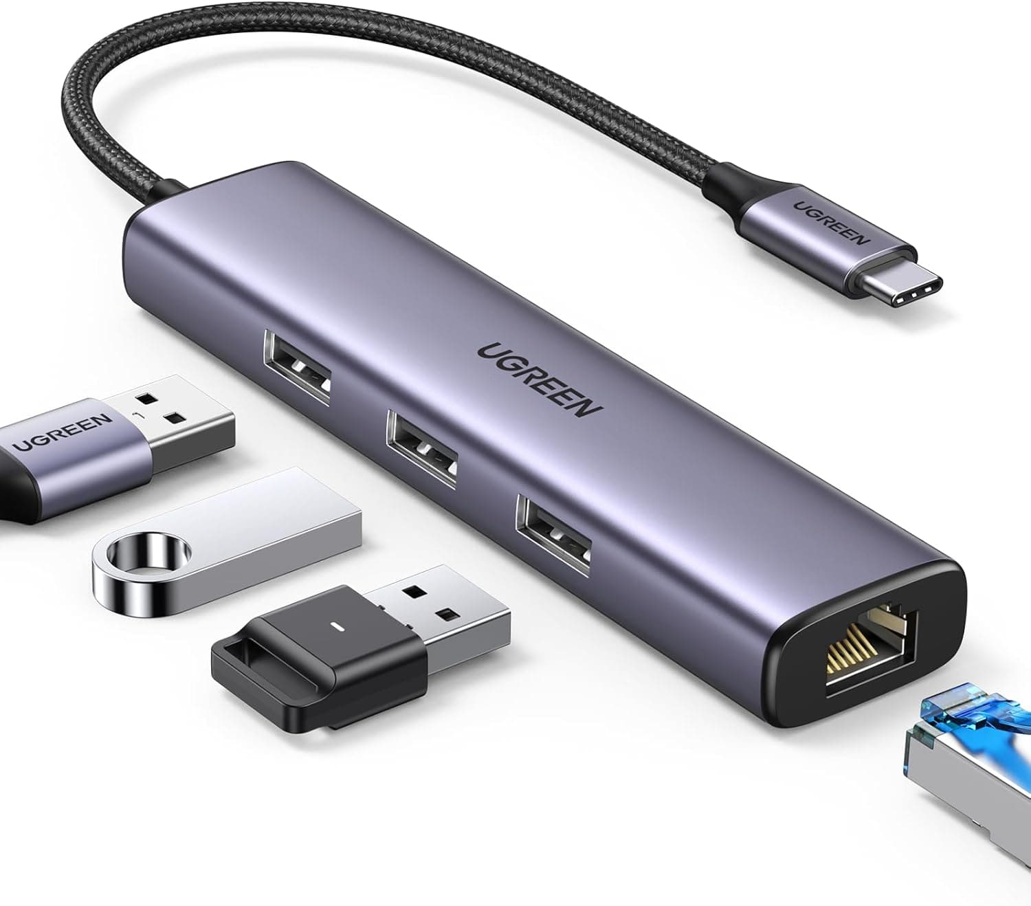 UGREEN Hub USB C 4 em 1 | Adaptador Thunderbolt com Ethernet Gigabit e 3 portas USB 3.0 para transferência rápida de dados