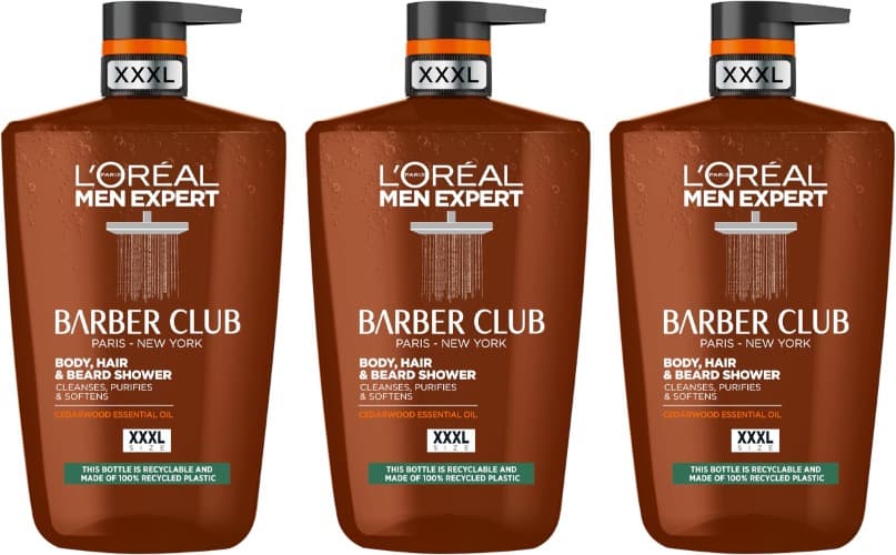 L'Oréal Men Expert Barber Club | Gel de duche com óleo de cedro para barba, rosto e corpo, 1L x 3