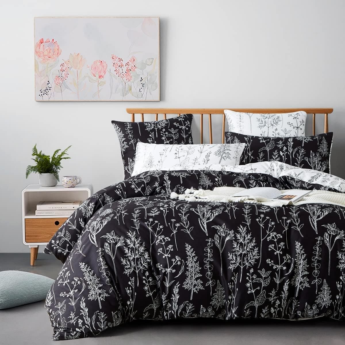 Lanqinglv | Conjunto de capa de edredão reversível 200x200 cm com 2 fronhas 65x65 cm e design botânico em preto e branco