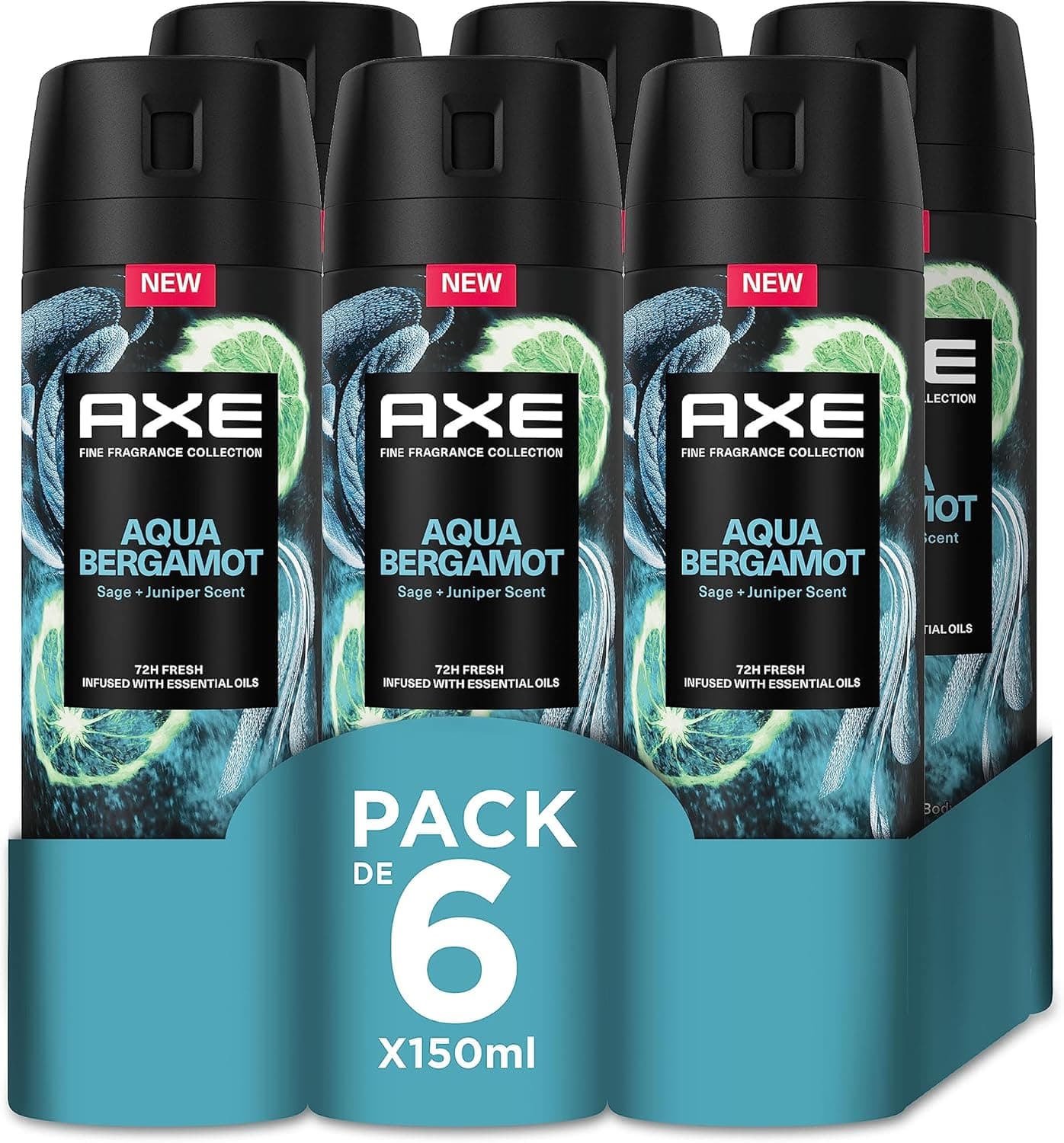 Axe Pack de poupança desodorizante em aerossol para homem Aqua Bergamot fragrância premium, 6 x 150 ml