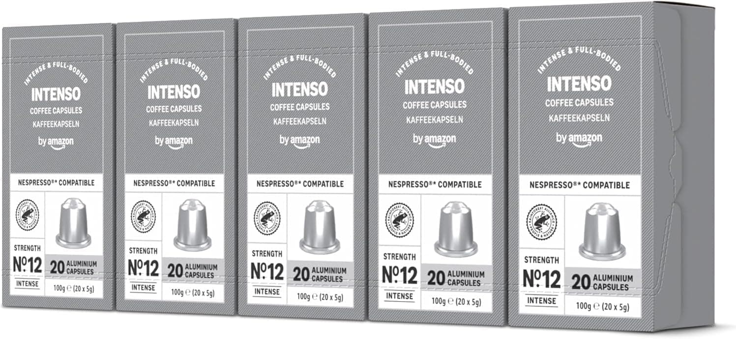 by Amazon - Cápsulas de café intenso, torra escura, compatíveis com Nespresso, 100 unidades, 5 embalagens de 20, certificado Rainforest Alliance