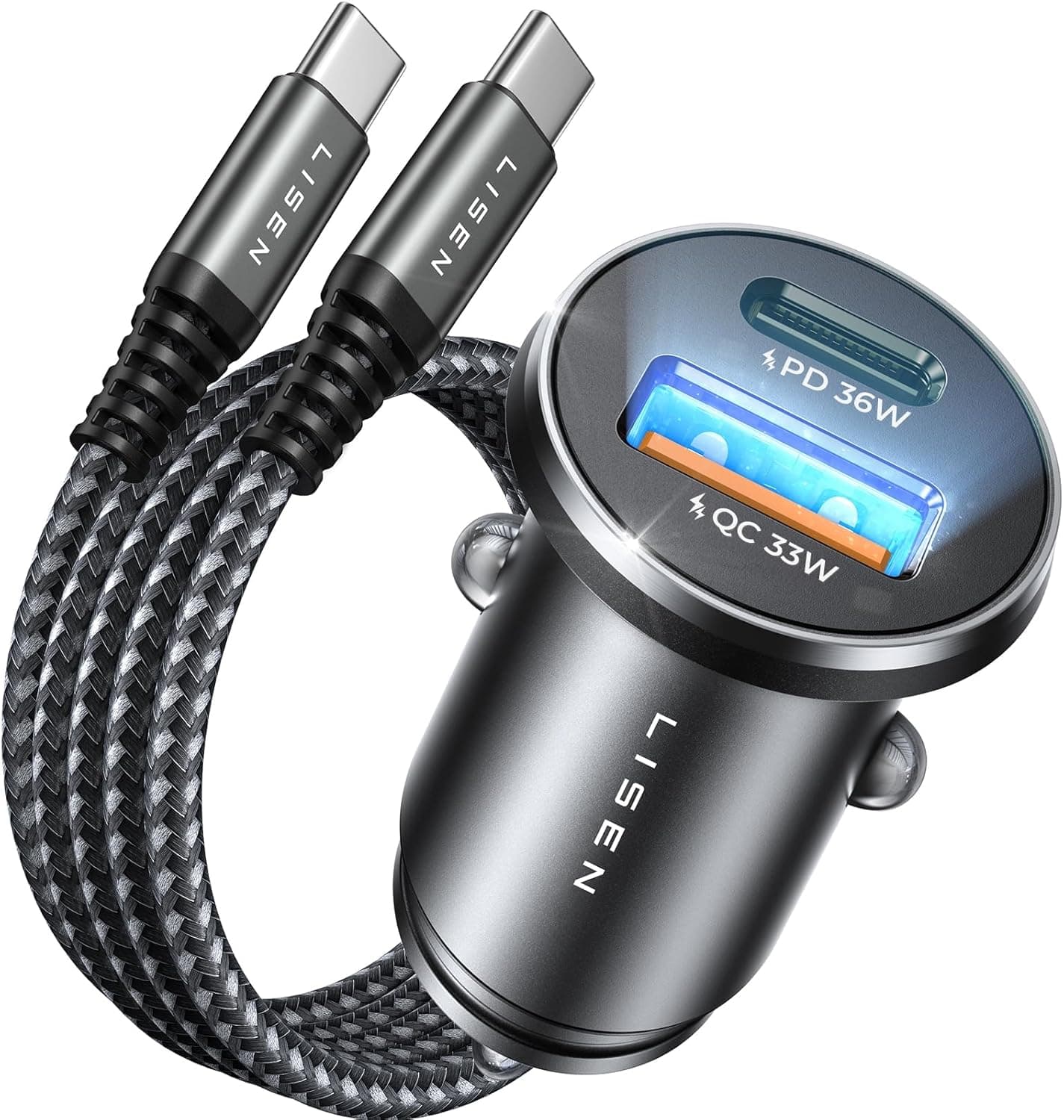 LISEN Carregador de carro carregamento rápido 69 W + 60 W cabo, carregador isqueiro móvel USB C acessórios para carro