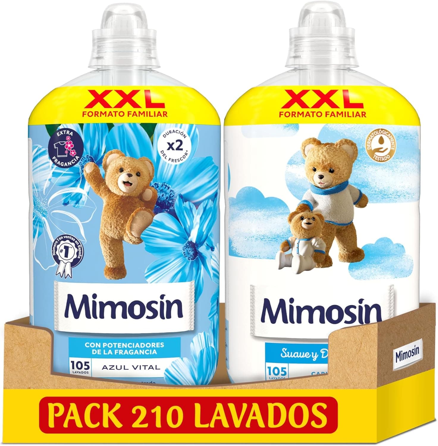 Mimosin Suavizante Concentrado Azul Vital & Suavizante Concentrado Carícias – Pack XXL 210 Lavagens