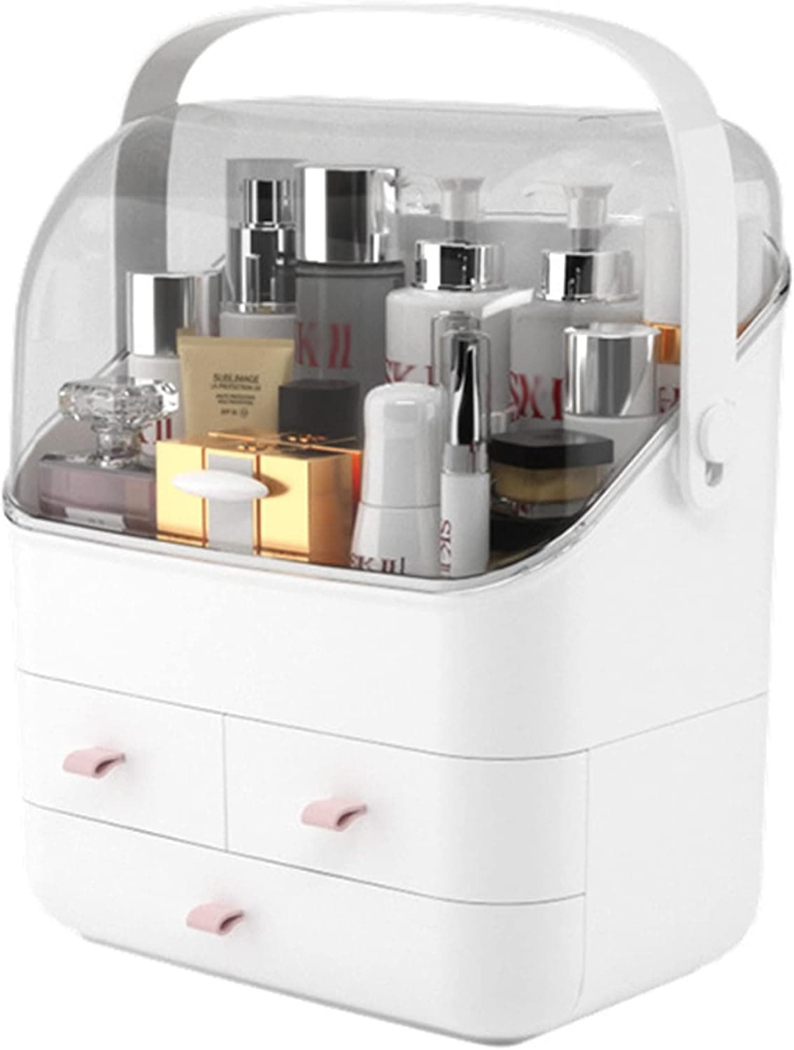 Organizador de cosméticos Tevimpeya, organizador de cosméticos elevável com tampa transparente e pega para cómoda e casa de banho, para todas as meninas, 3 níveis, branco