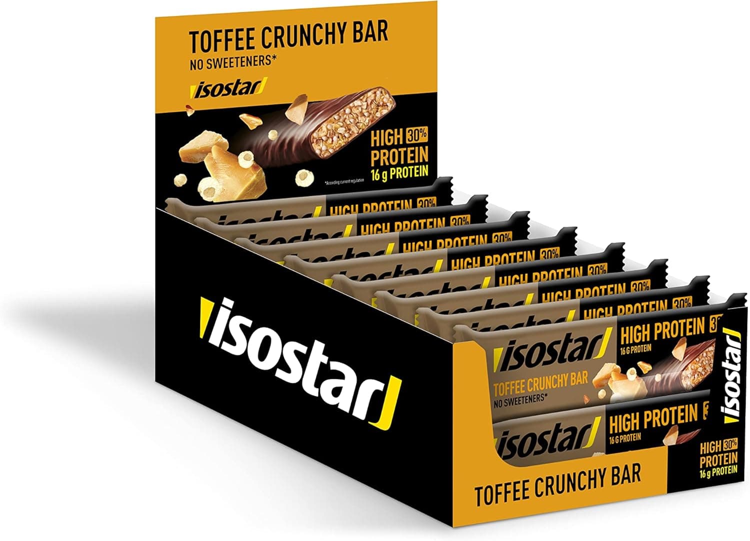 Isostar Barrinha de alta proteção 30 sabor Toffee. Alta em proteína (16 g/barra), fonte de carboidrato (23 g/barra), sem adoçantes. 16 unidades, x 55 g