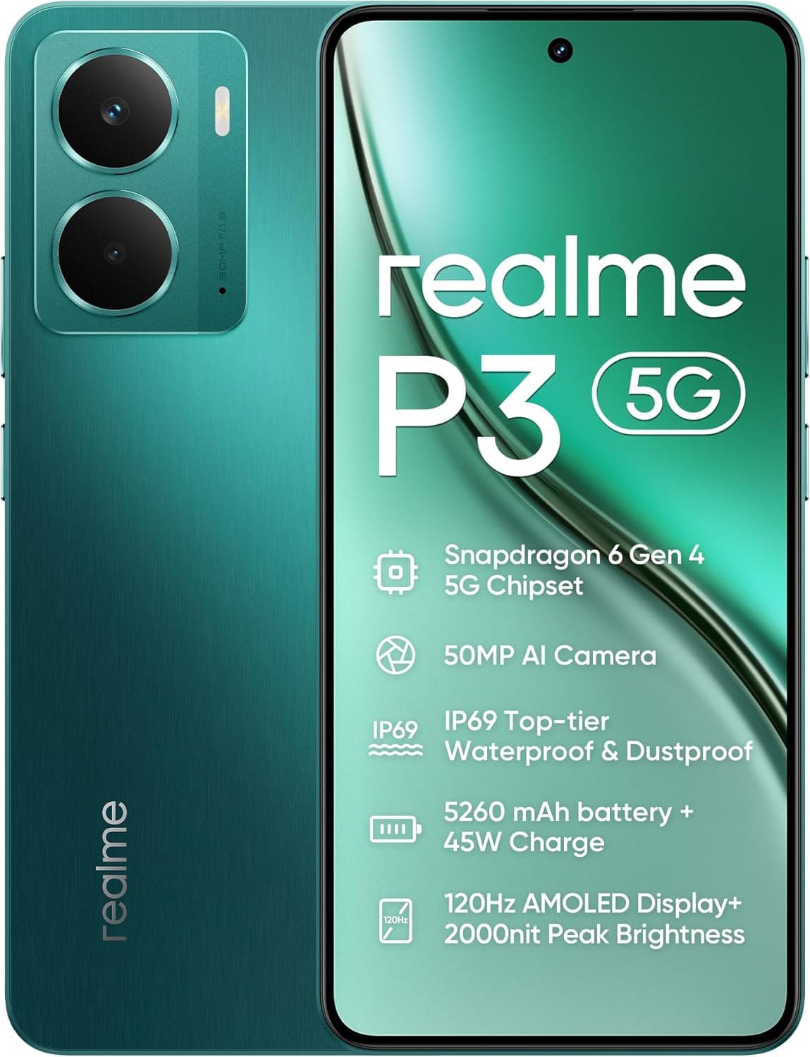 realme Smartphone P3 5G, 8 + 256 GB, bateria de 5260 mAh, carregamento de 45 W, chipset Snapdragon 6 Gen 4, câmara AI de 50 MP, ecrã Pro-Esports de 2000 nits120 Hz, IP69, verde (sem adaptador )