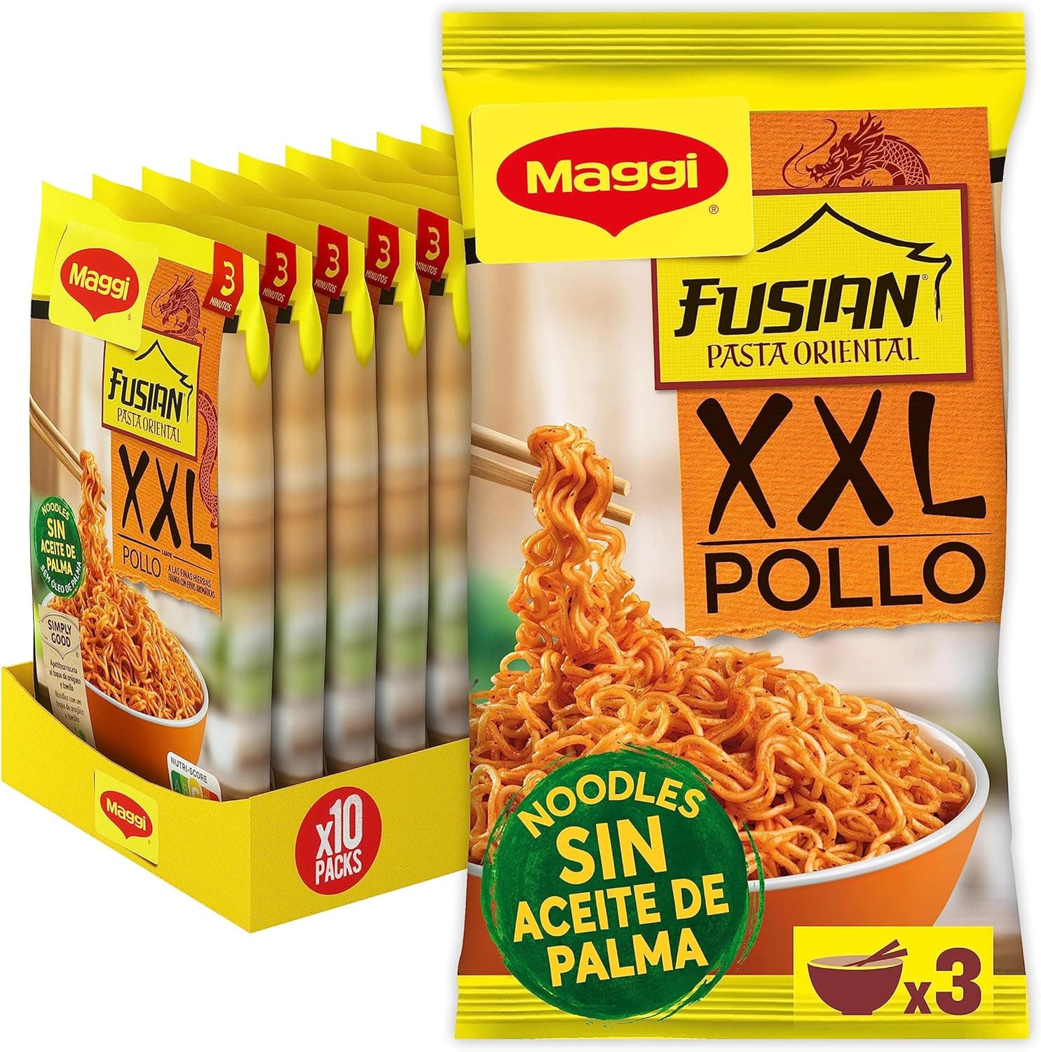 Maggi Fusian Pasta Oriental XXL | Noodles de trigo sabor frango ervas finas pack de 10 x 185 g