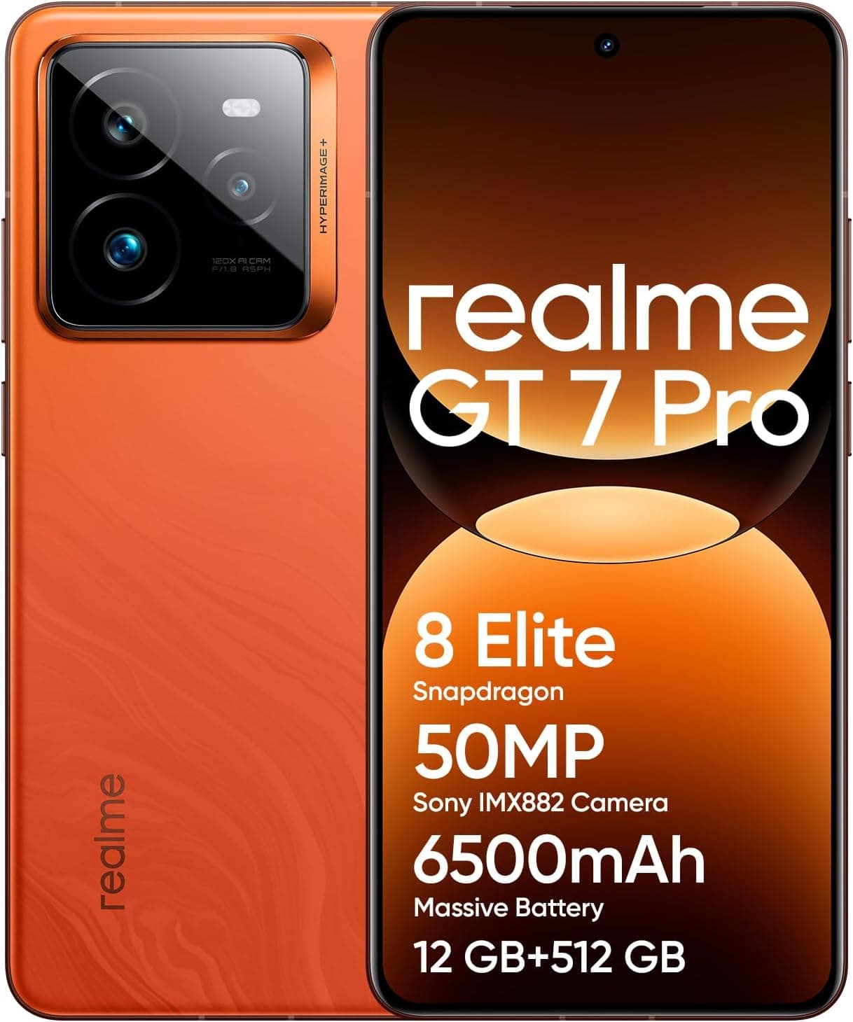 realme GT 7 Pro 5G Smartphone 12+512 GB, processador Snapdragon® 8 Elite, carregamento SUPERVOOC de 120 Wbateria Titan de 6500 mAh, IP69, desbloqueio subaquático, laranja