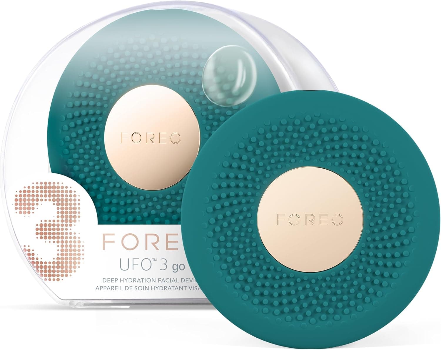 FOREO UFO 3 go, máscara facial de viagem, hidratante facial, cuidados com a pele anti-idade, luz LED de espectro total e luz vermelha, termoterapia, massajador facial T-Sonic, Evergreen