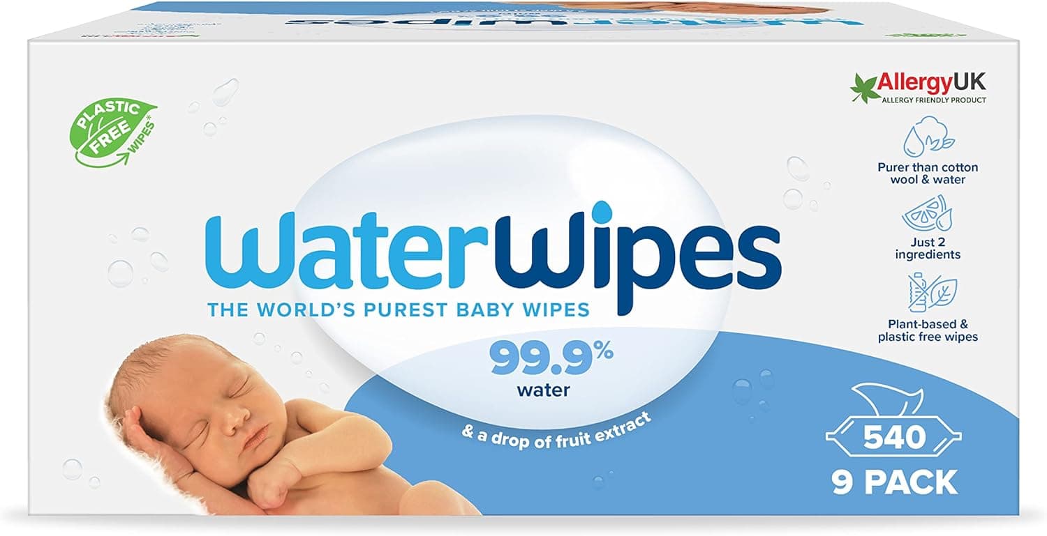 WaterWipes Toalhetes húmidos originais para bebés, sem plástico, 540 unidades (embalagem de 9), 99,9% base de água e sem perfume para peles sensíveis