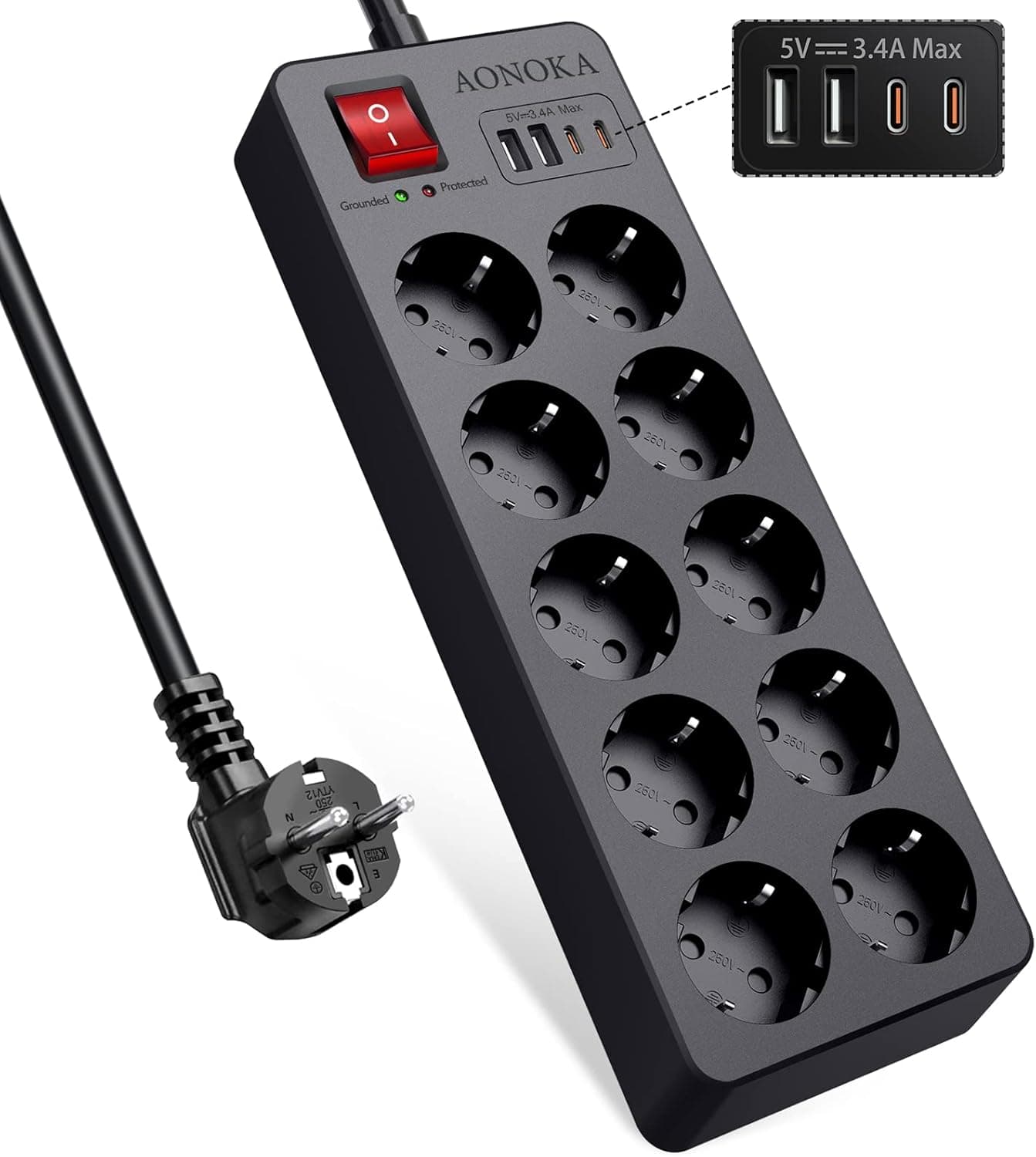 Extensões tomadas 10 tomadas USB C, tomada de 10 tomadas com interruptor, extensão de tomadas múltiplas com proteção contra picos e sobrecargas, padrão tomadas modernas cabo 1,5 m preto