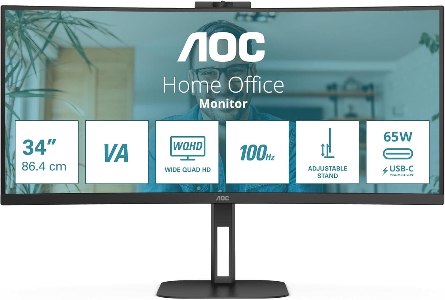 AOC CU34V5CW Monitor QHD curvo de 34 polegadas, 100 Hz, VA, WebCam, USB-C Docking, 65 W, USB Hub, altura ajustável, altifalantes (3440 x 1440 100 Hz, 300 cd/m², HDMI 2.0/DP 1.2.2.0/DP 1.2.2.2/DP