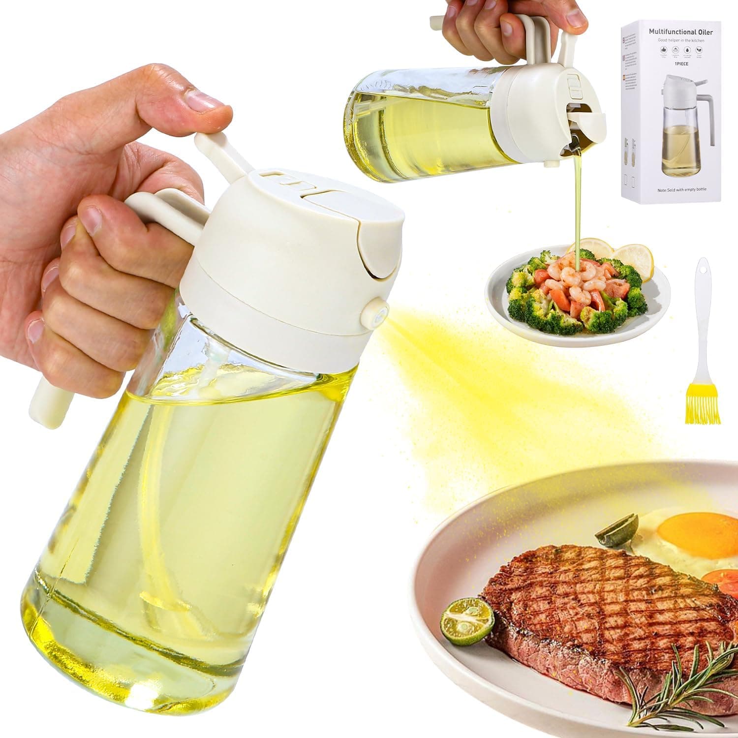Toaren 2 em 1 Pulverizador de óleo, 470 ml óleo anti-gotejamento, óleo de spray para cozinha para fritadeira ar, pulverizador para cozinhar, vaporizador óleo com escova para cozinhar, churrasco