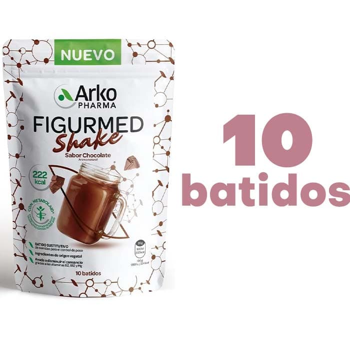 Arkopharma Figurmed Shake, 10 batidos de substituição de alimentos para controlar o peso, ajuda à perda de peso, saciante, sabor chocolate 222 Kcal