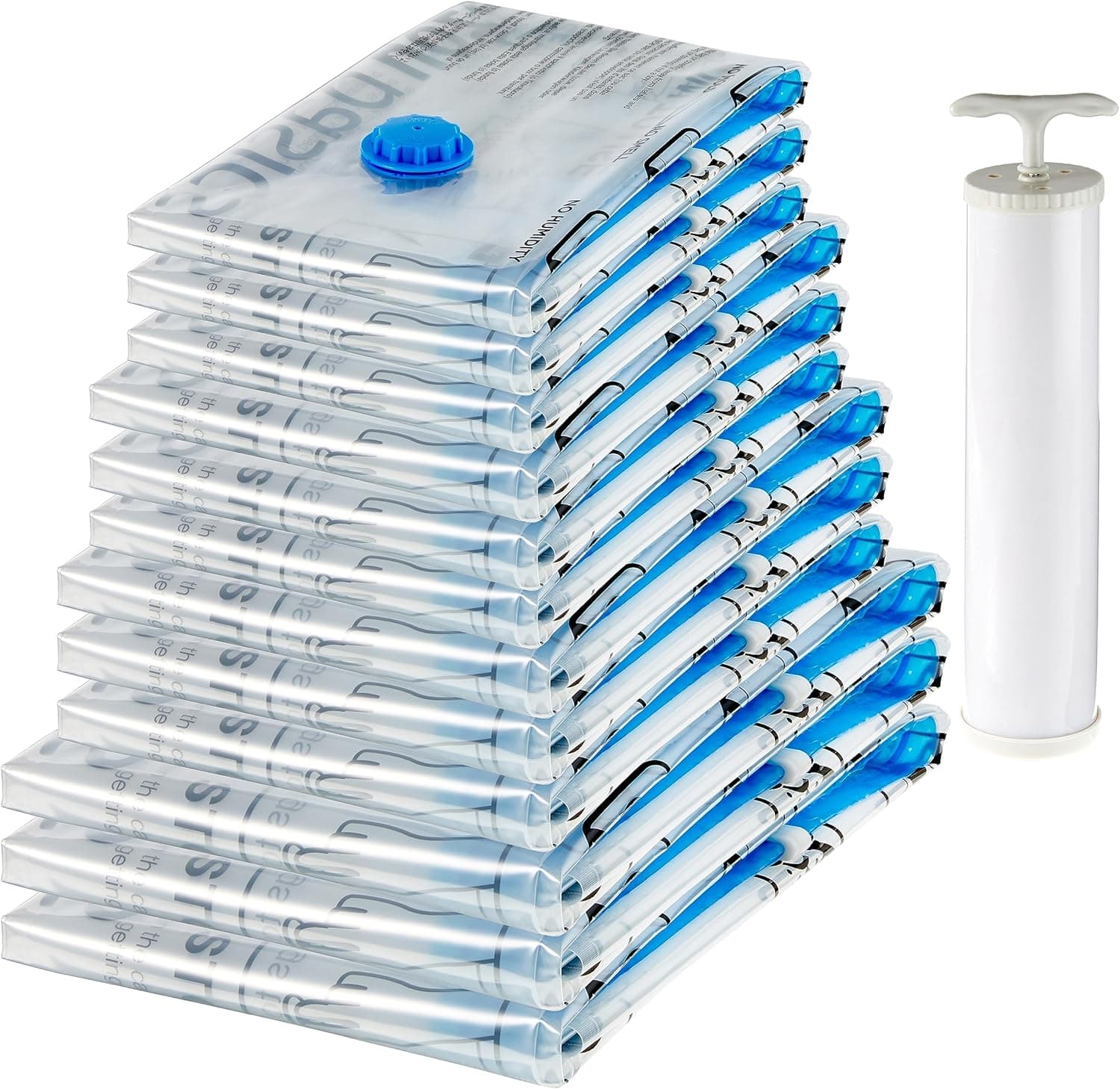 Amazon Basics Sacos de Vácuo para Armazenamento com Boca para Aspirador – Pack de 12 (3 XL, 3 Grandes, 3 Médios, 3 Pequenos), com Fecho de Correr, Branco