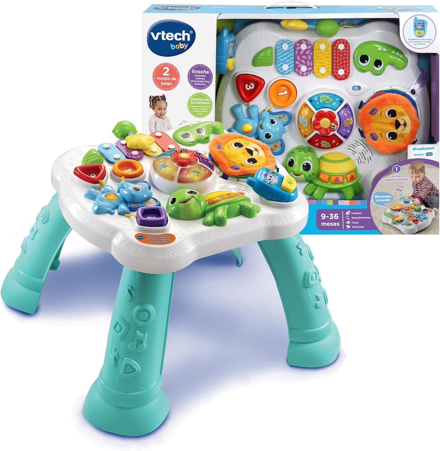 VTech - Mesinha infantil atividades sensoriais, mesa de desenvolvimento para bebés com vários jogos, painel interativo removível, atividade musical e evolutiva, presente bebés +9 meses, versão ESP