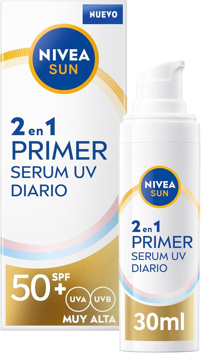 Nivea Sun Primer Sérum UV diário 2em 1, sérum facial com proteção solar SPF 50+, protetor solar facial que protege e suaviza a pele, com ácido hialurónico e licocalcão A, 1 x 30 ml