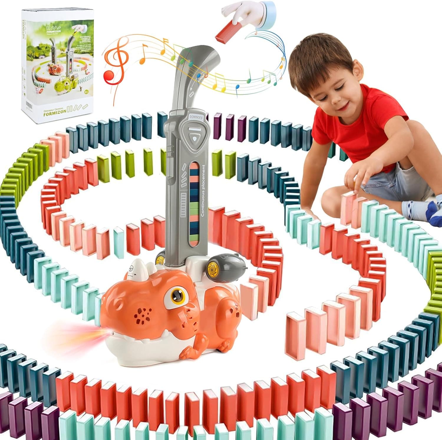 BuzzoXerex Dinossauro comboio de dominó, 80 peças comboio de dominó automático, comboio elétrico com luzes e música, brinquedos presentes educativos para meninos e meninas 3 4 5 6 7 8 anos